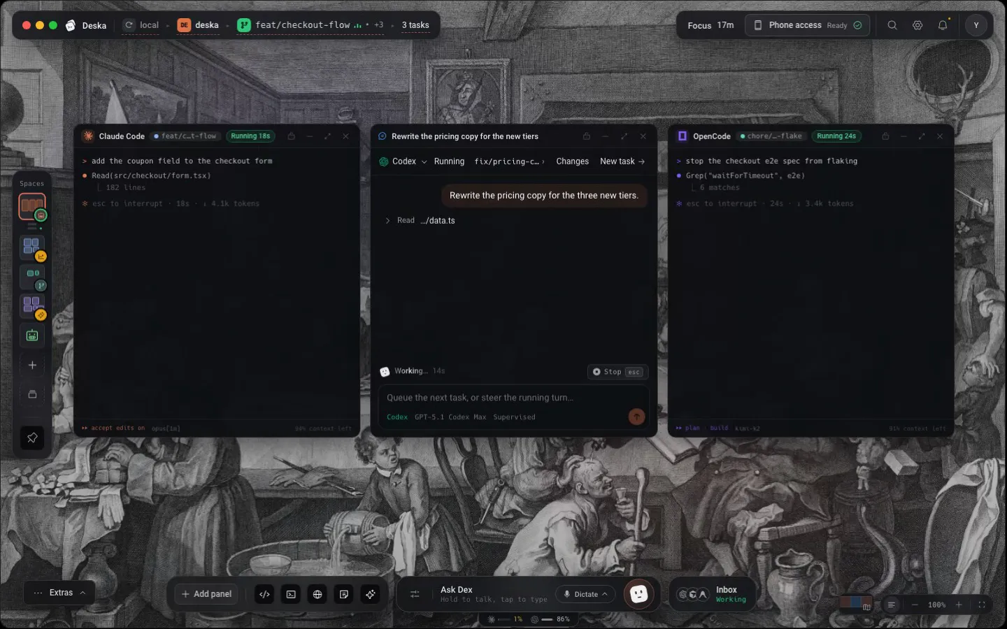 Deska showing parallel coding agent work in separate project worktrees