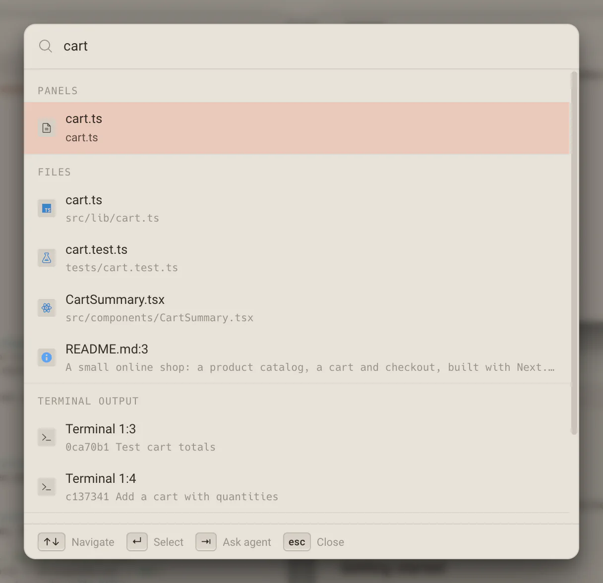 The Command Palette searching cart: an open editor panel, files with their paths, a README line and two lines of terminal output