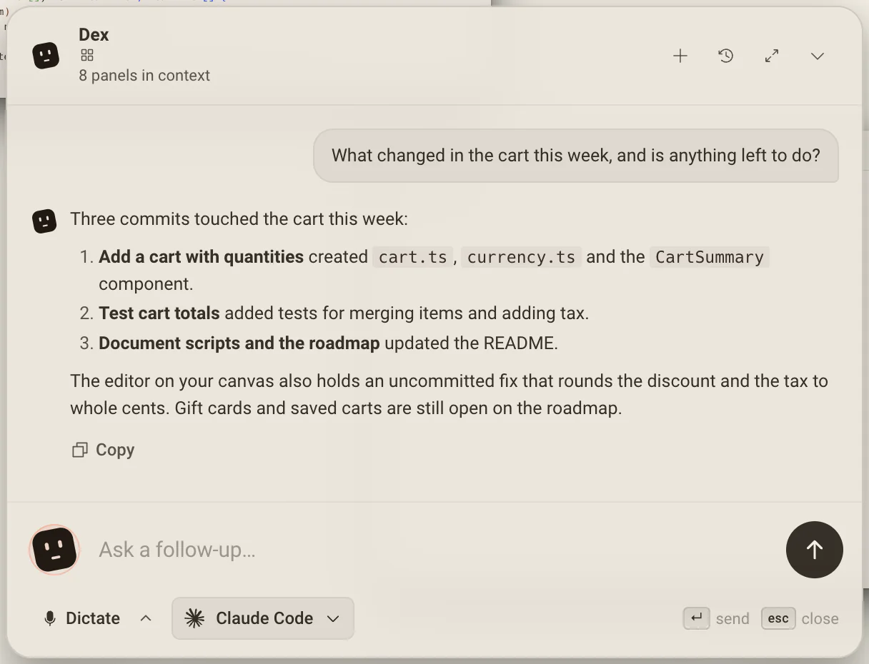 The Dex card with a question about what changed in the cart this week and Dex's answer listing three commits and an uncommitted fix