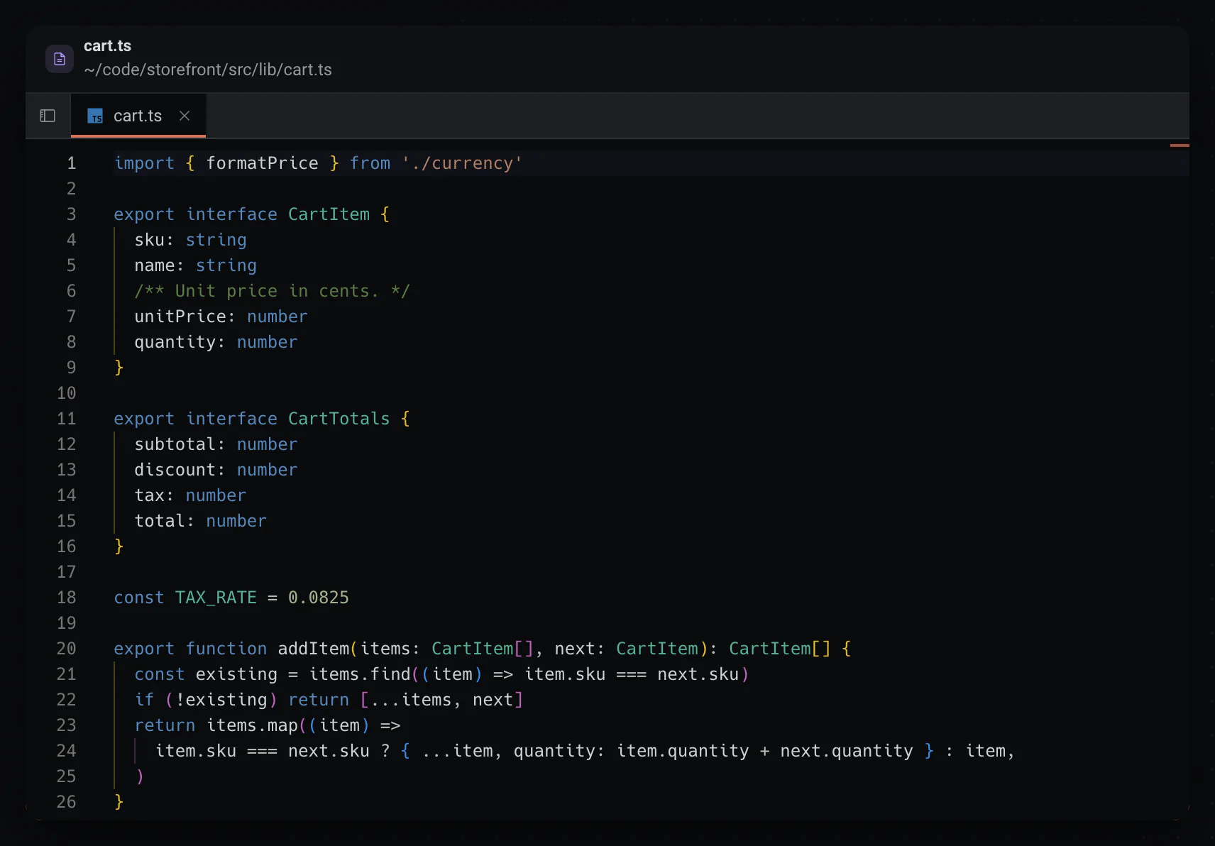 An editor panel with cart.ts open in a tab: the CartItem and CartTotals types and the addItem function