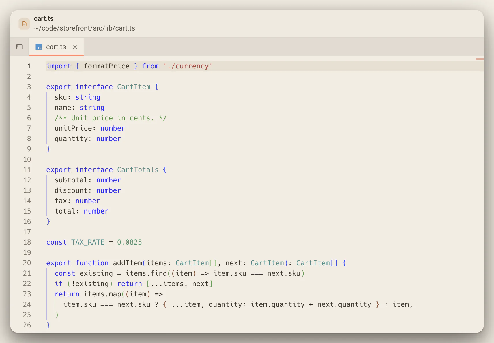 An editor panel with cart.ts open in a tab: the CartItem and CartTotals types and the addItem function