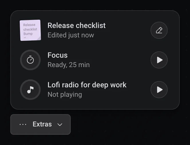 The Extras panel above its button: Release checklist edited just now, Focus ready for 25 minutes, and a lofi radio not playing