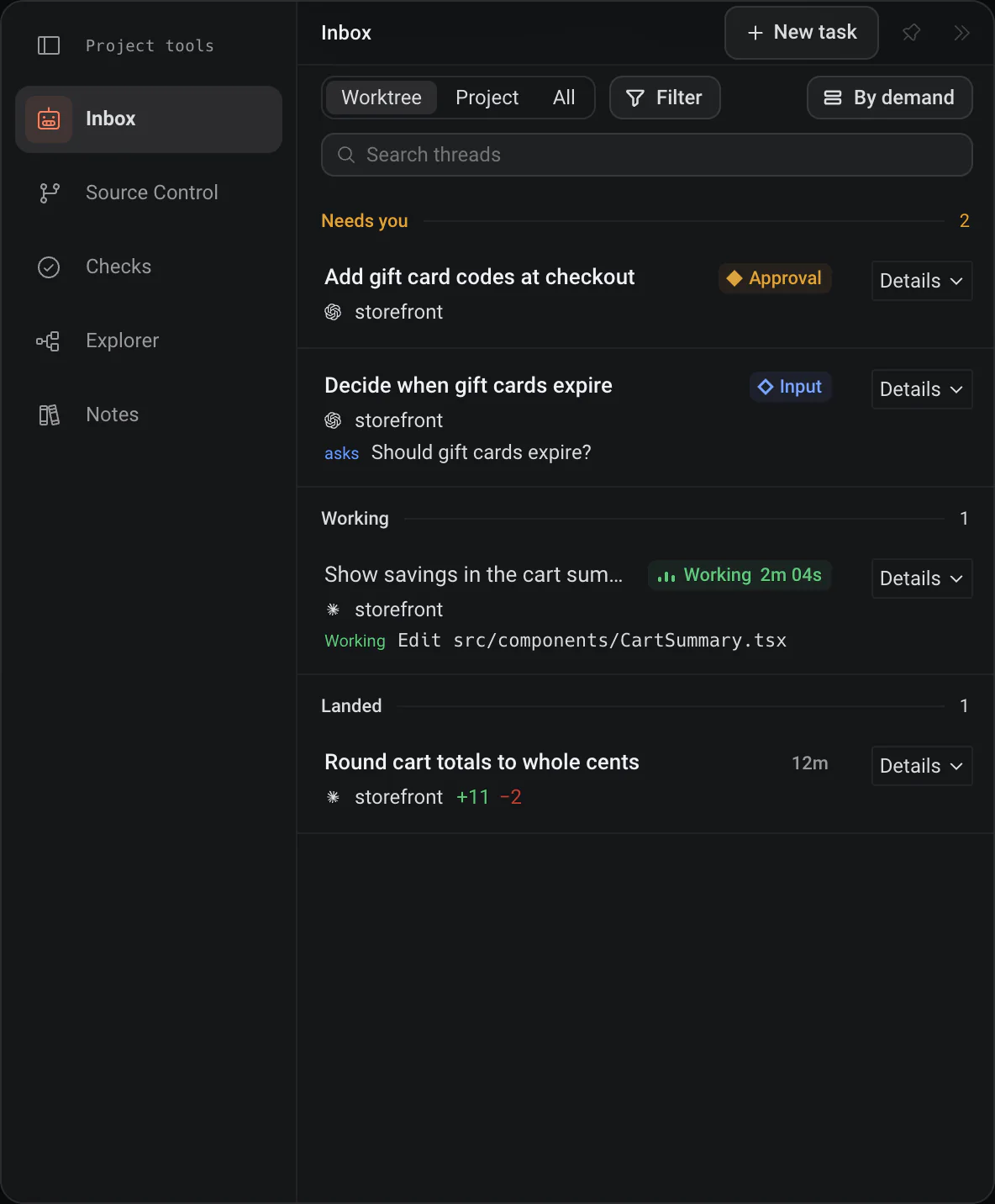 The Inbox for the storefront project: two tasks under Needs you, one asking for an approval and one asking a question, one Working and one Landed