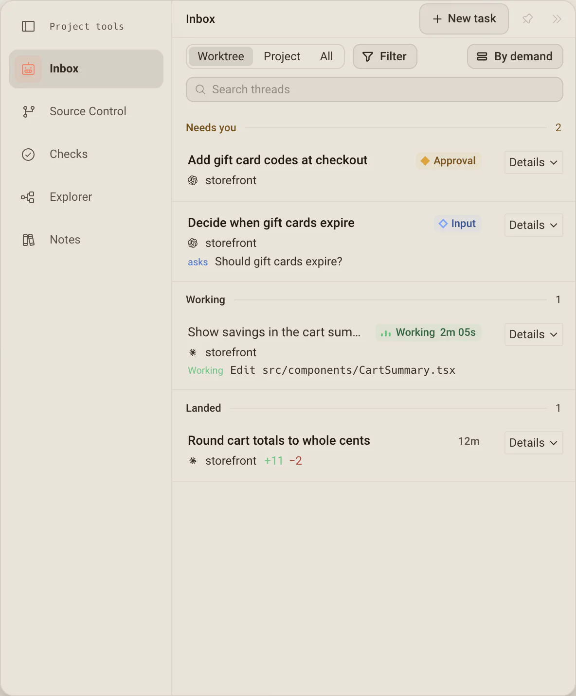 The Inbox for the storefront project: two tasks under Needs you, one asking for an approval and one asking a question, one Working and one Landed