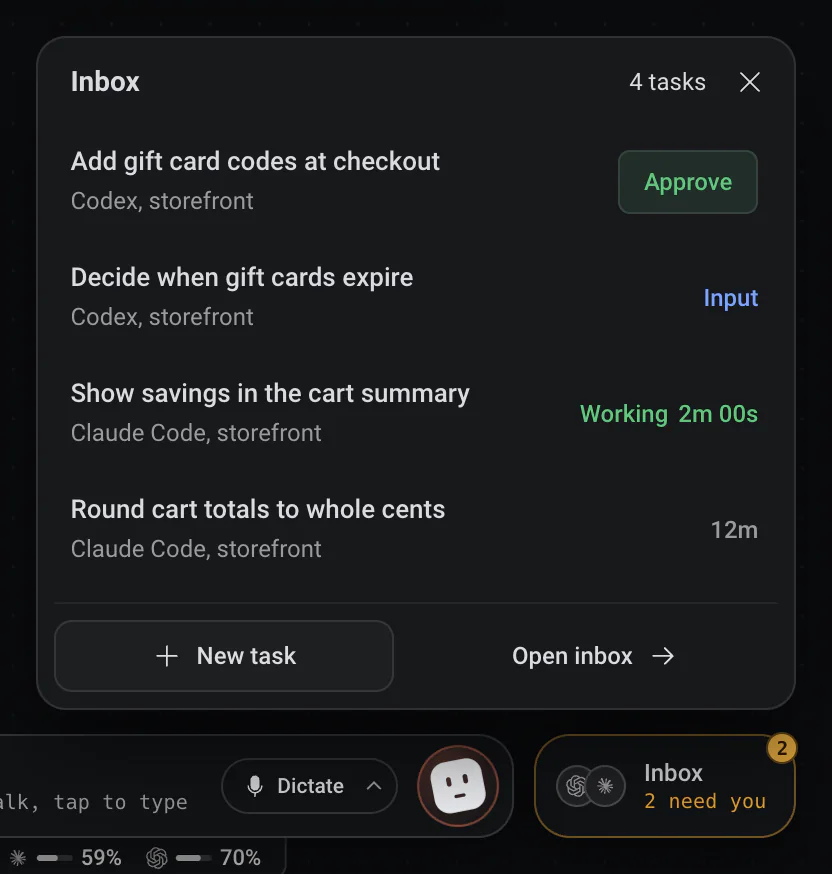 The Inbox popover above the Inbox chip: one task with Approve, one asking for input, one working and one finished, with New task and Open inbox