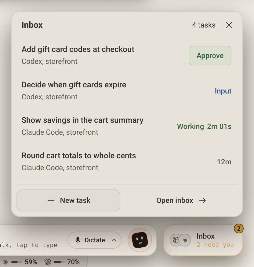 The Inbox popover above the Inbox chip: one task with Approve, one asking for input, one working and one finished, with New task and Open inbox