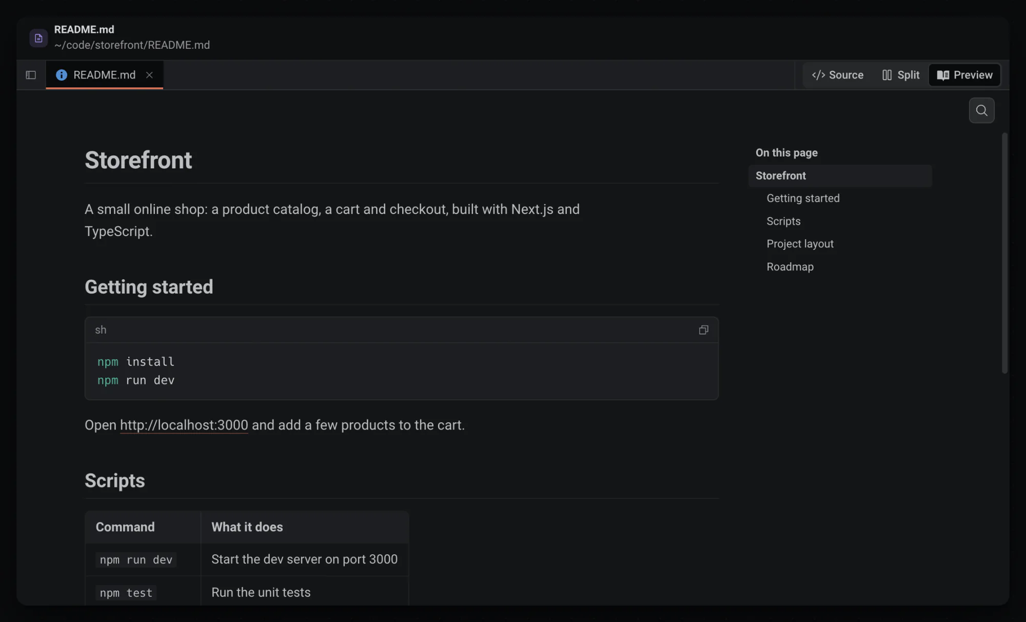 README.md open as a rendered page with an On this page outline, a shell code block and a table of scripts