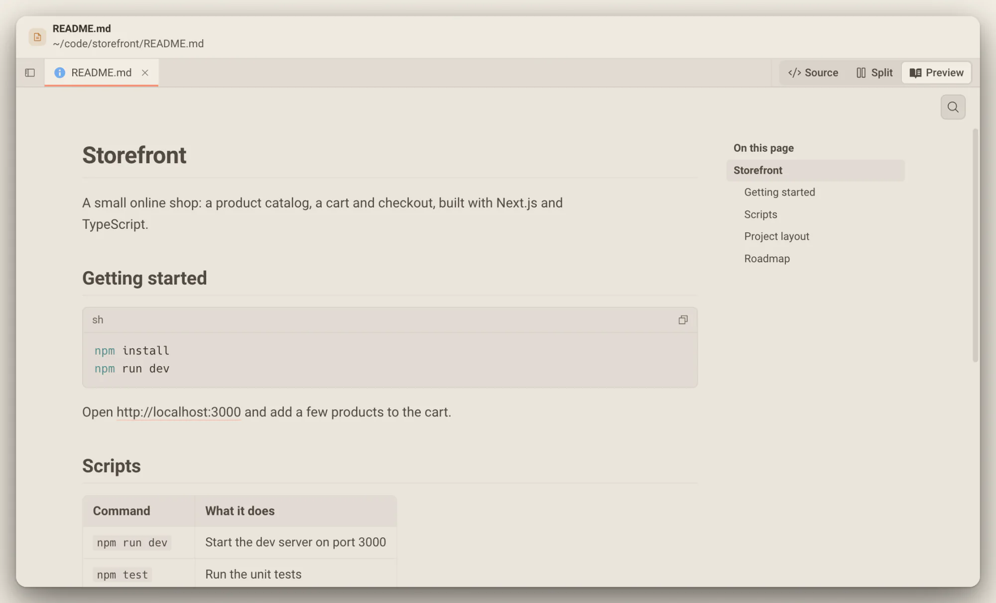 README.md open as a rendered page with an On this page outline, a shell code block and a table of scripts