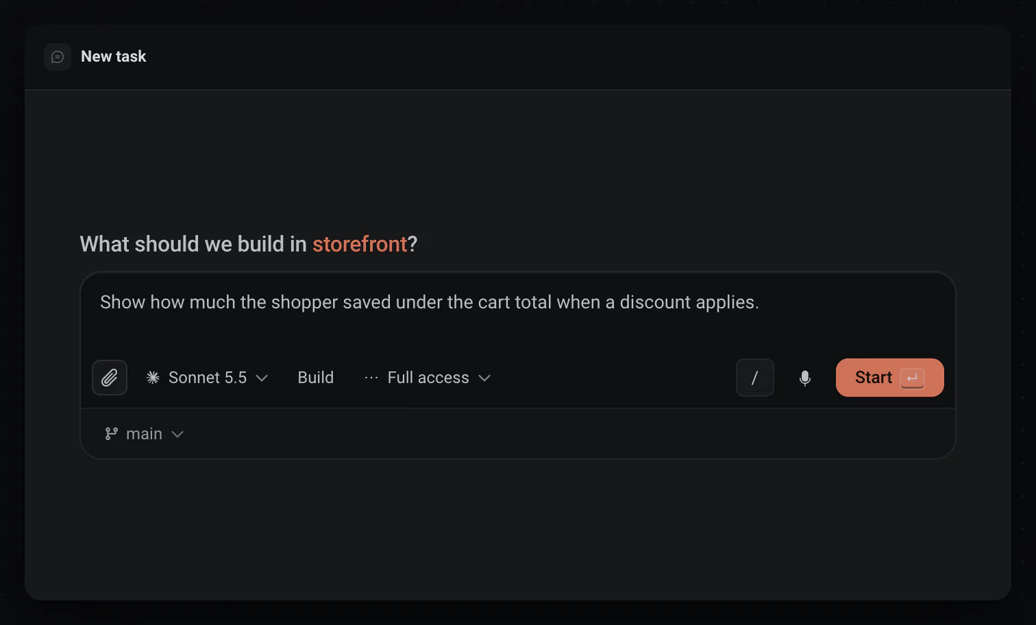 The New task composer for the storefront project: the prompt, the model, Build, Full access, Start and the branch chip