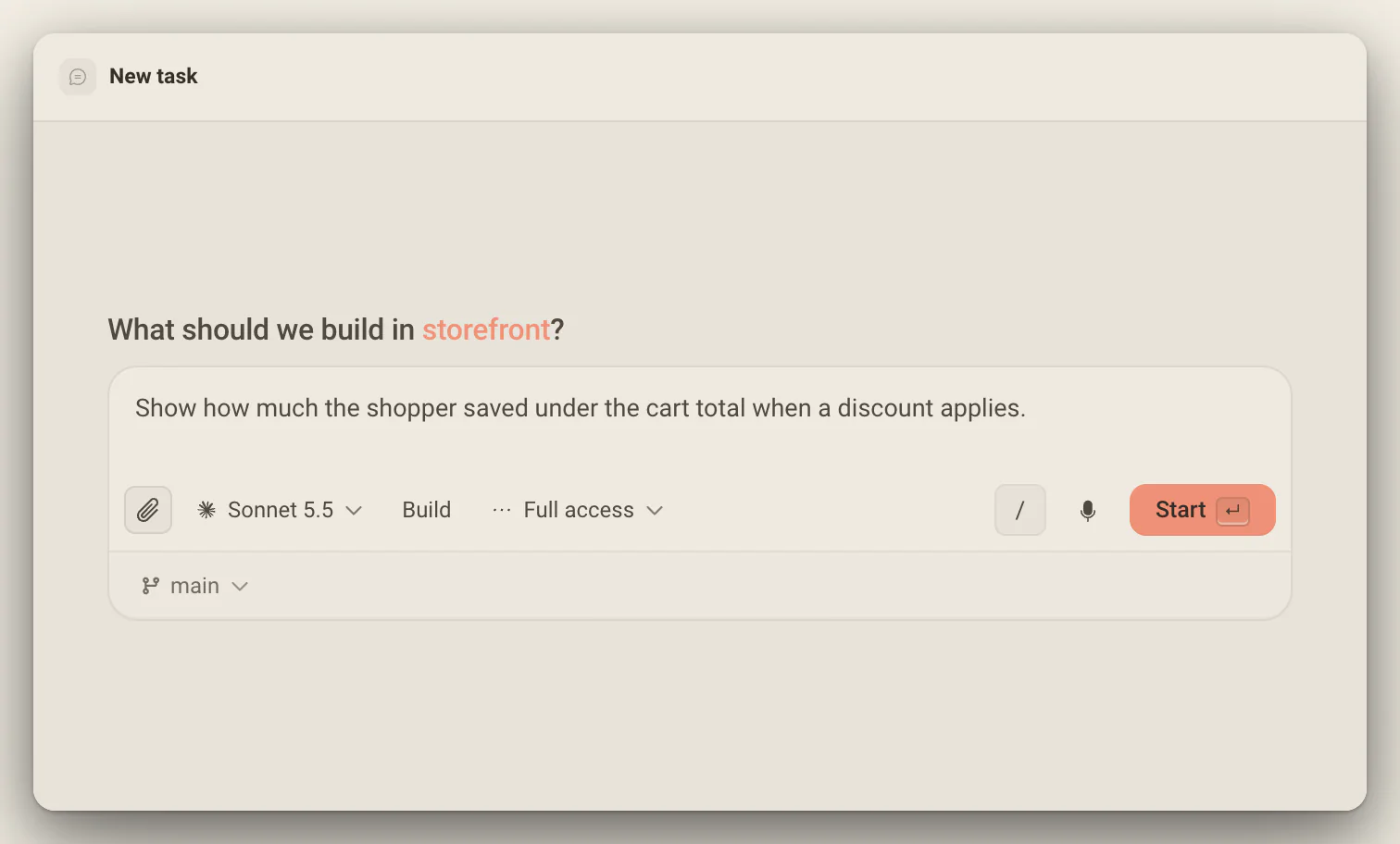 The New task composer for the storefront project: the prompt, the model, Build, Full access, Start and the branch chip