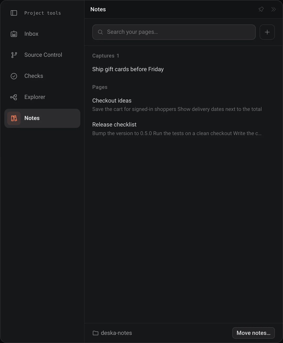 The Notes page in Project tools: a search box, one capture, two pages with previews, and the deska-notes folder with Move notes