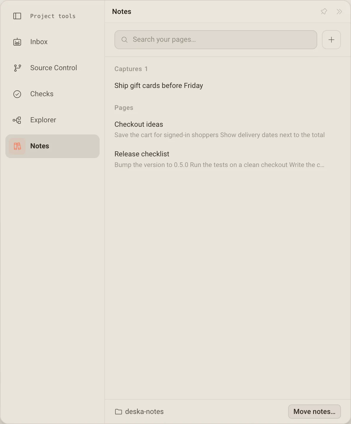 The Notes page in Project tools: a search box, one capture, two pages with previews, and the deska-notes folder with Move notes