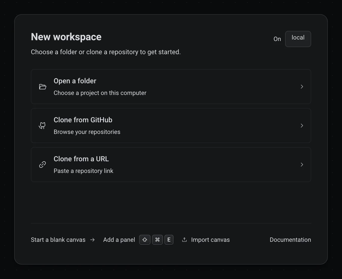 The New workspace card with Open a folder, Clone from GitHub and Clone from a URL