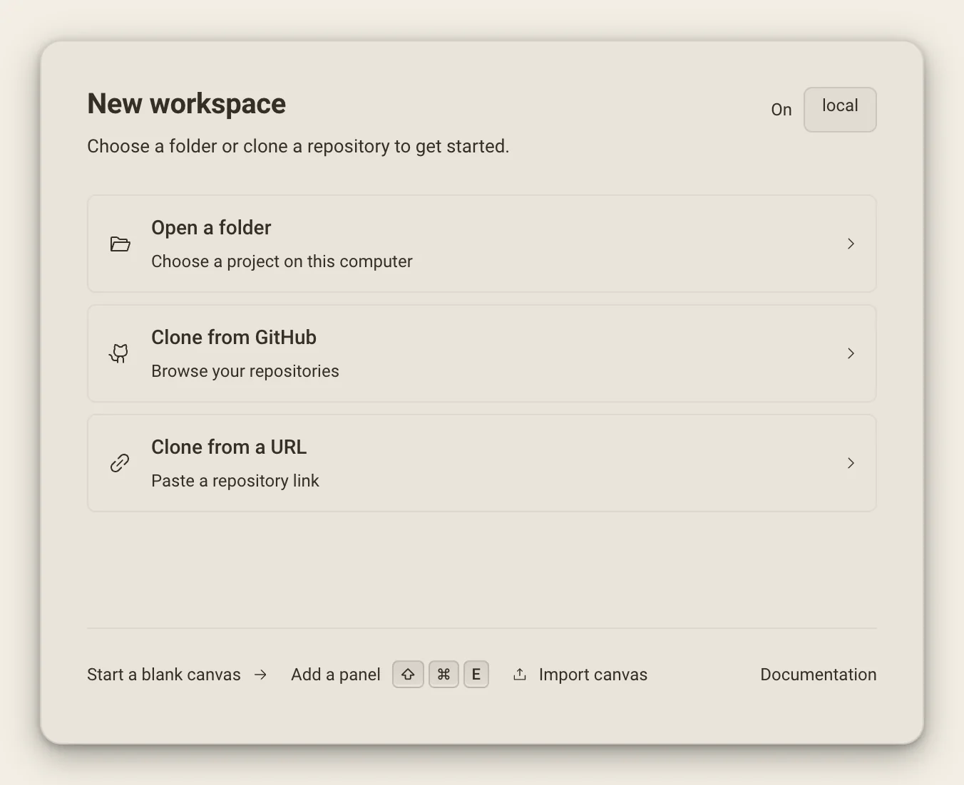 The New workspace card with Open a folder, Clone from GitHub and Clone from a URL