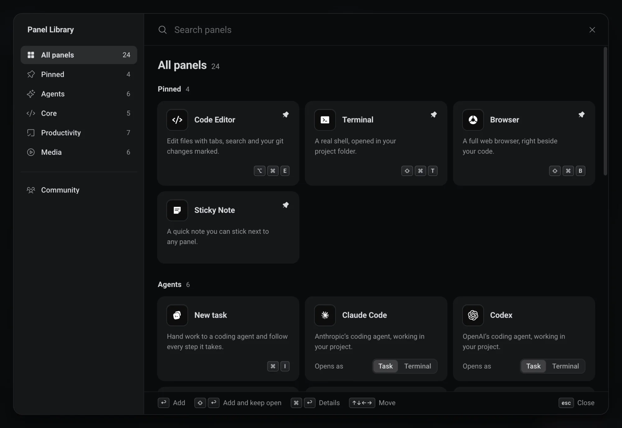 The Panel Library: groups on the left, a search box and cards for Code Editor, Terminal, Browser and Sticky Note