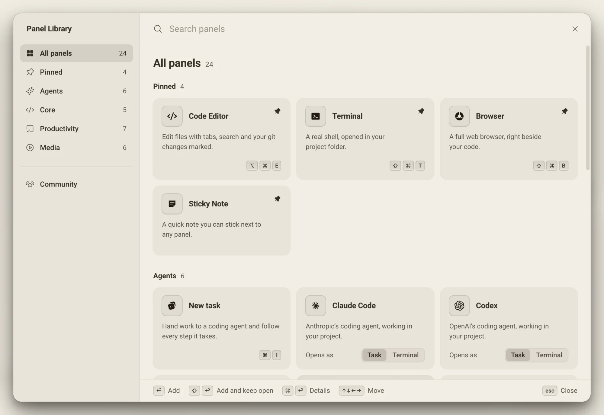 The Panel Library: groups on the left, a search box and cards for Code Editor, Terminal, Browser and Sticky Note
