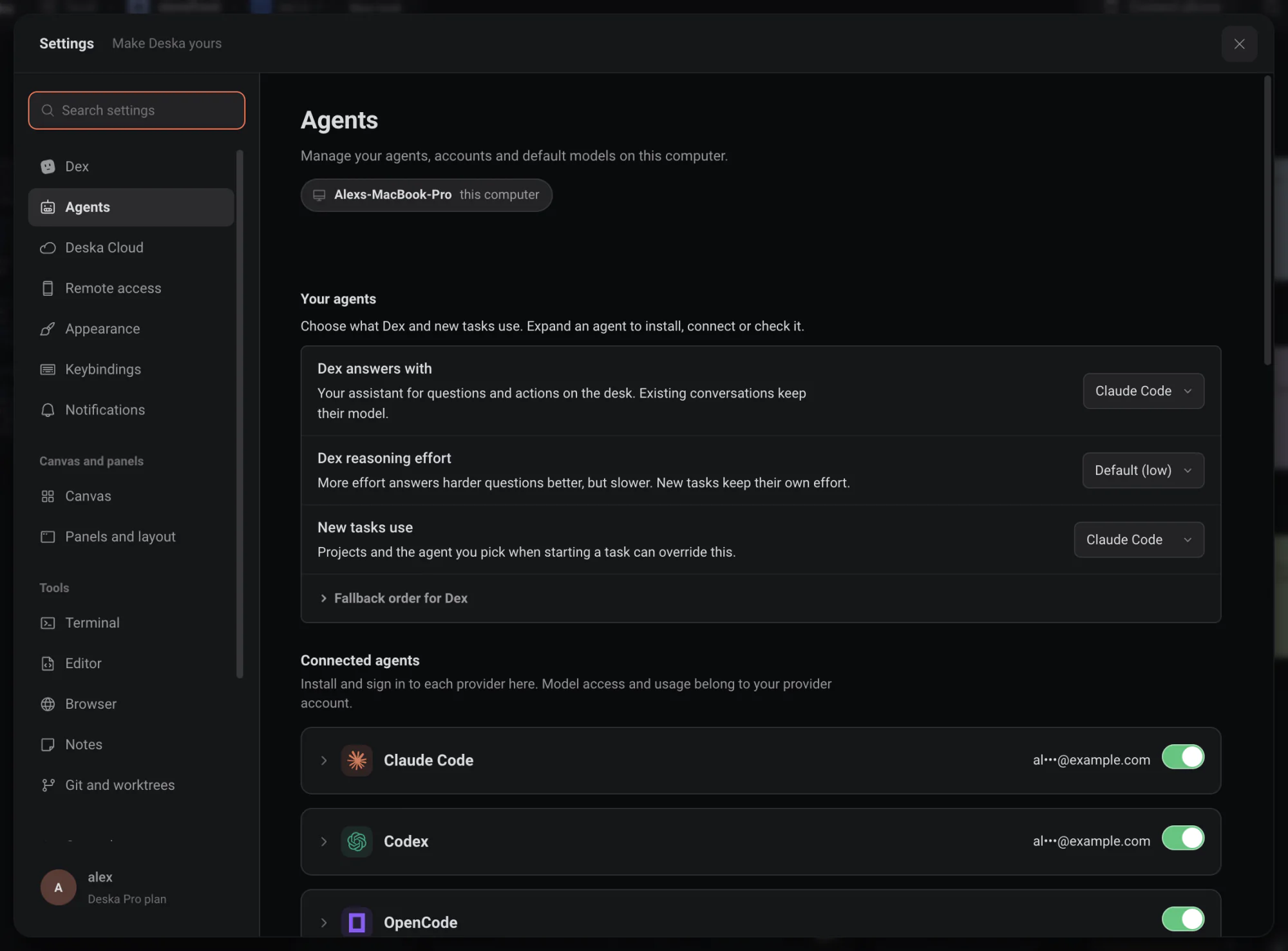 Settings, Agents, scoped to this computer: what Dex answers with, what new tasks use, and the connected agents with their accounts