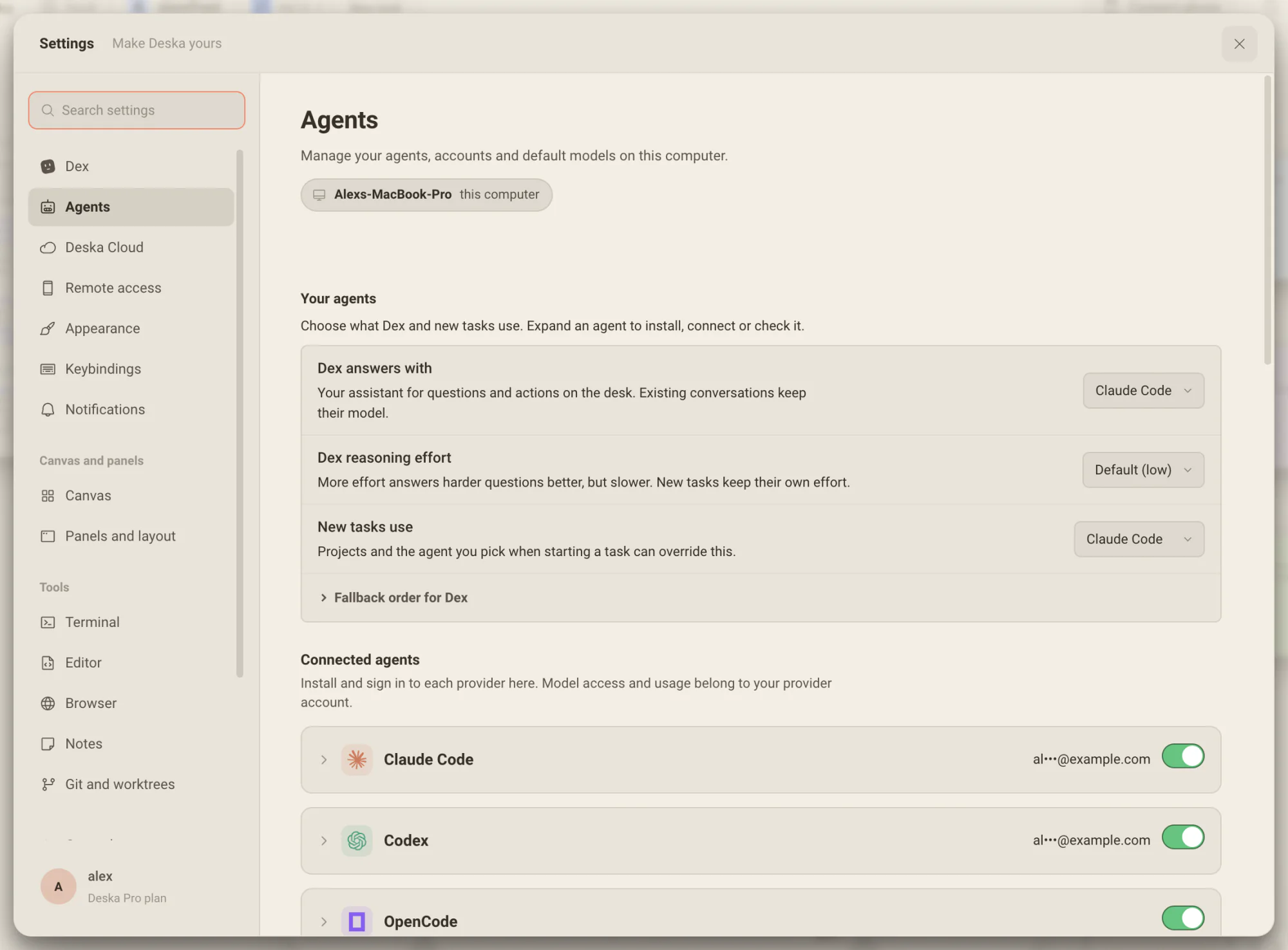 Settings, Agents, scoped to this computer: what Dex answers with, what new tasks use, and the connected agents with their accounts