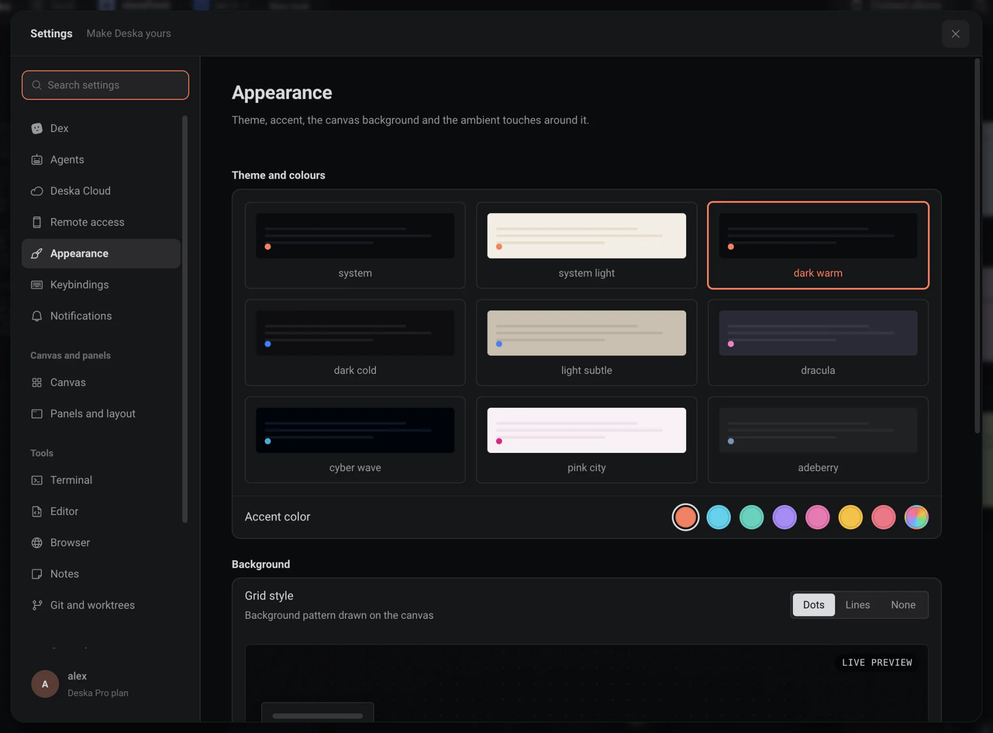 Settings open on Appearance: the theme tiles, the accent row and the background options