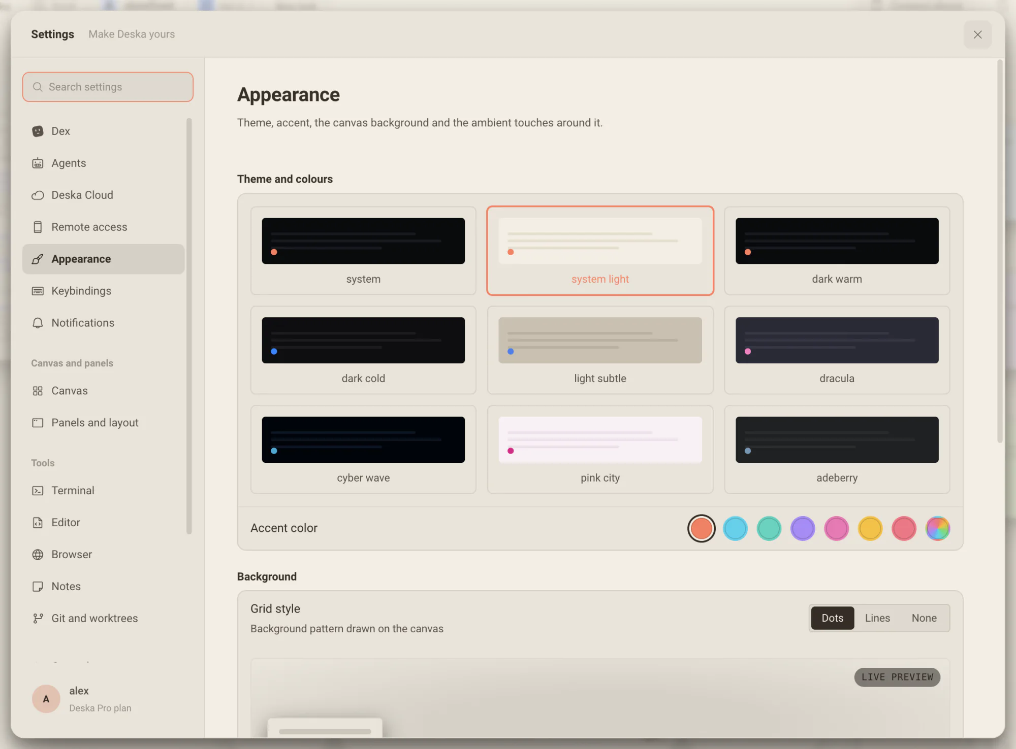Settings open on Appearance: the theme tiles, the accent row and the background options
