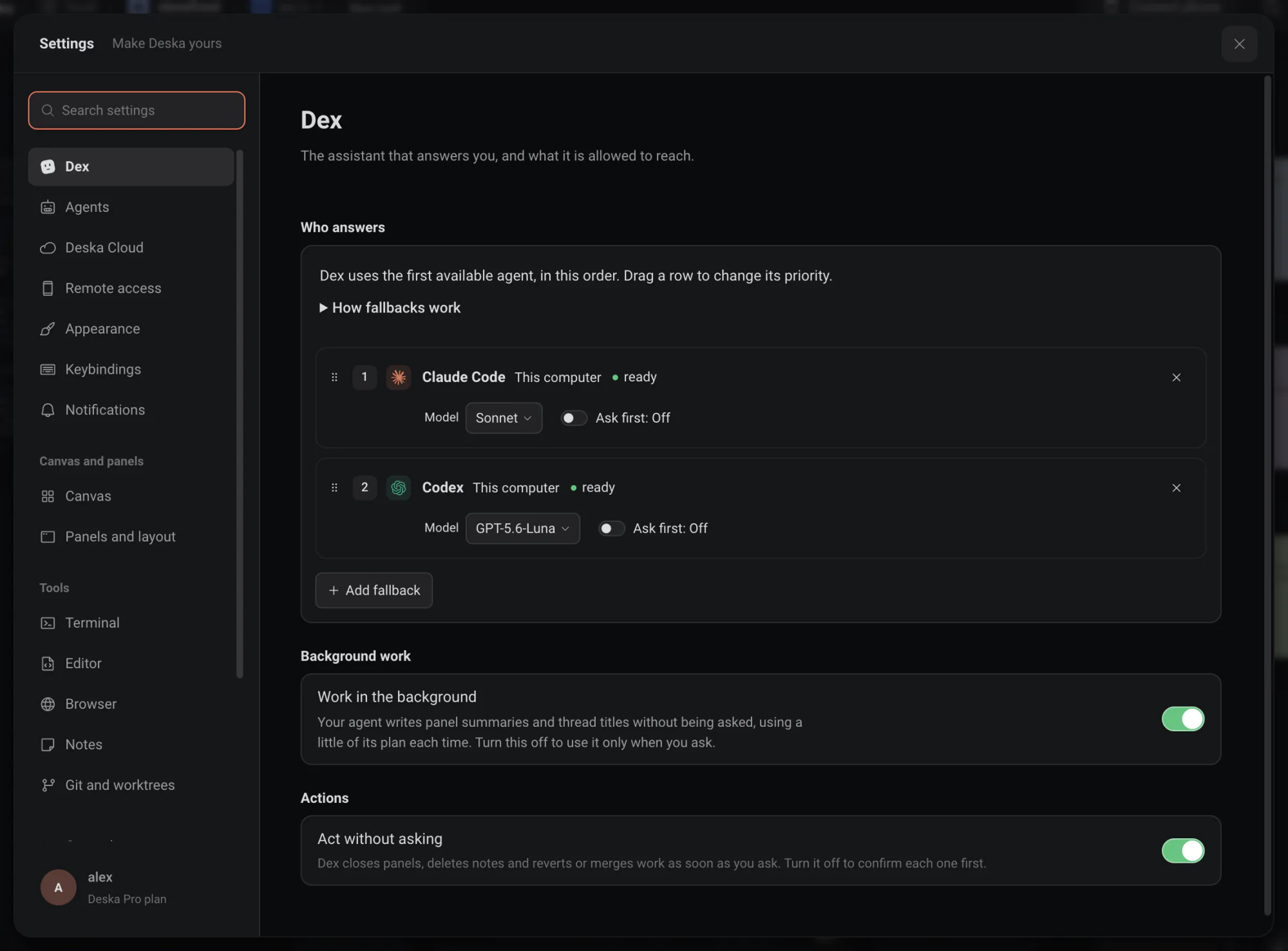 Settings, Dex page: who answers, background work, actions and voice