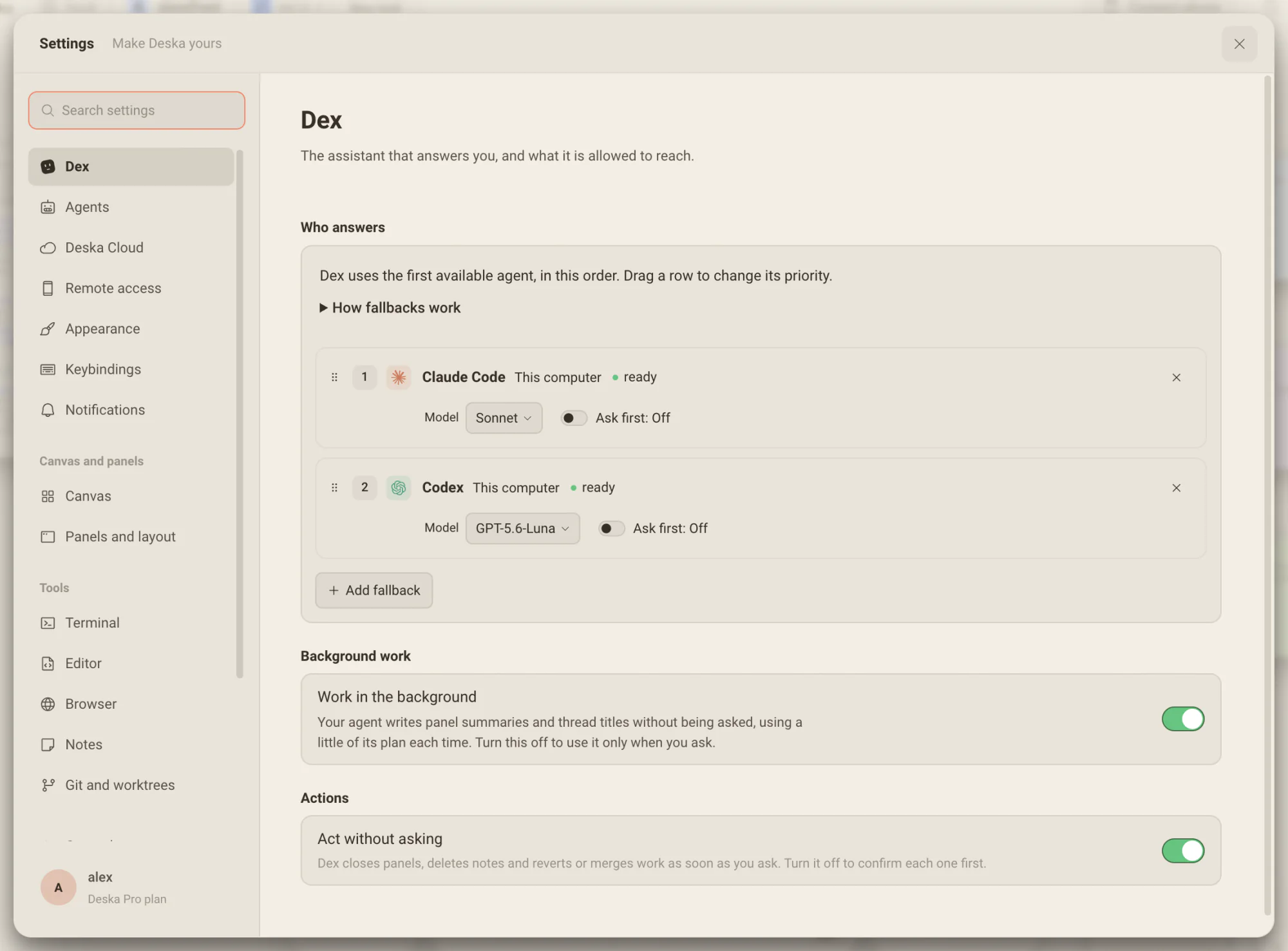 Settings, Dex page: who answers, background work, actions and voice