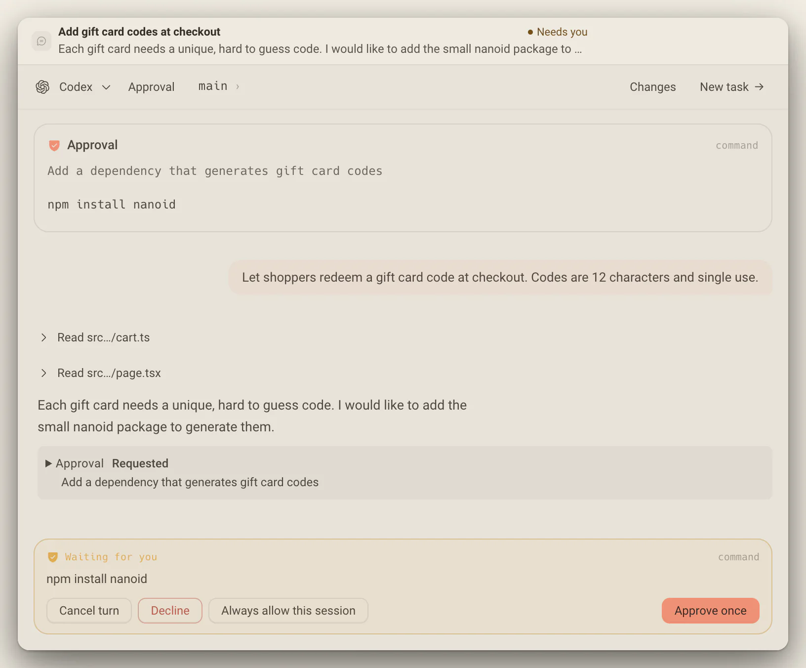 A Codex task waiting for approval to run npm install nanoid, with Cancel turn, Decline, Always allow this session and Approve once