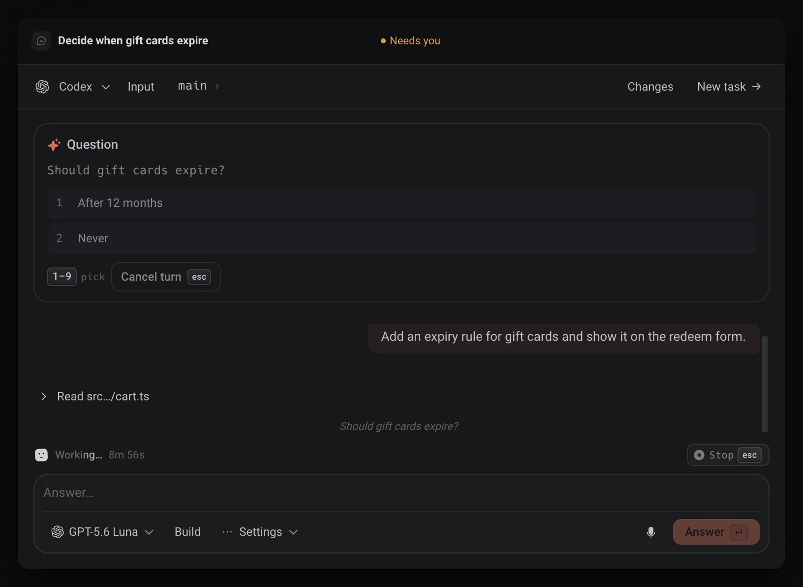 A Codex task asking whether gift cards should expire, with two numbered options and Cancel turn