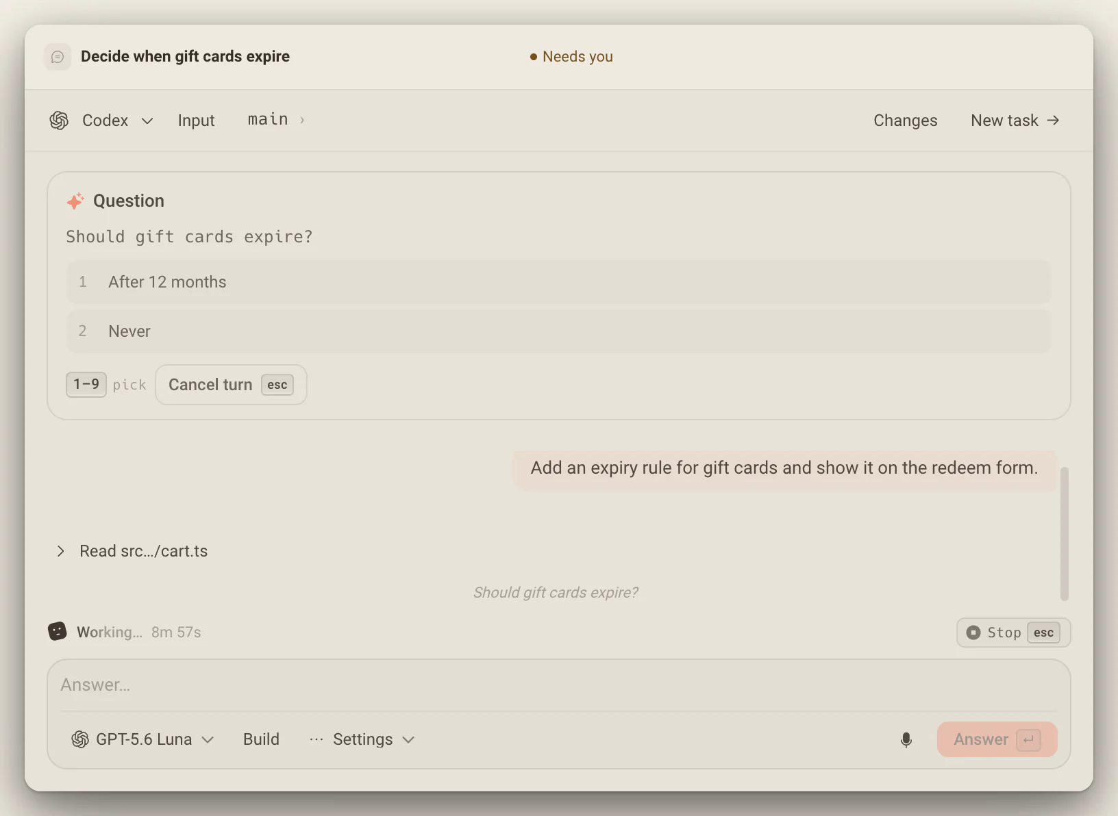 A Codex task asking whether gift cards should expire, with two numbered options and Cancel turn