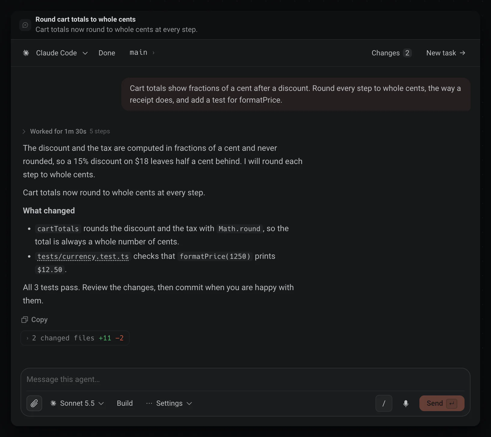 A Claude Code task in Deska with its reply and changed files