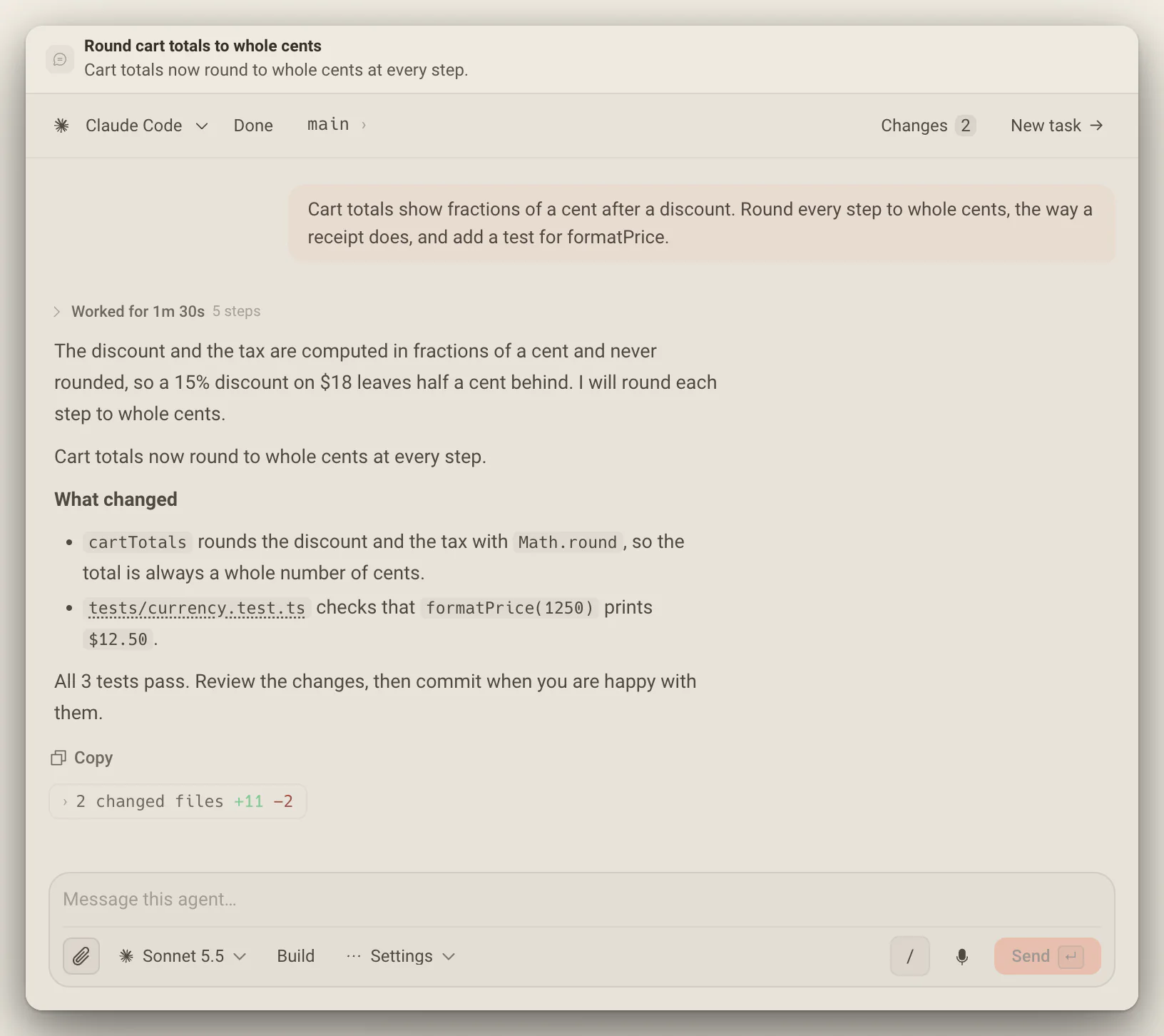 A Claude Code task in Deska with its reply and changed files