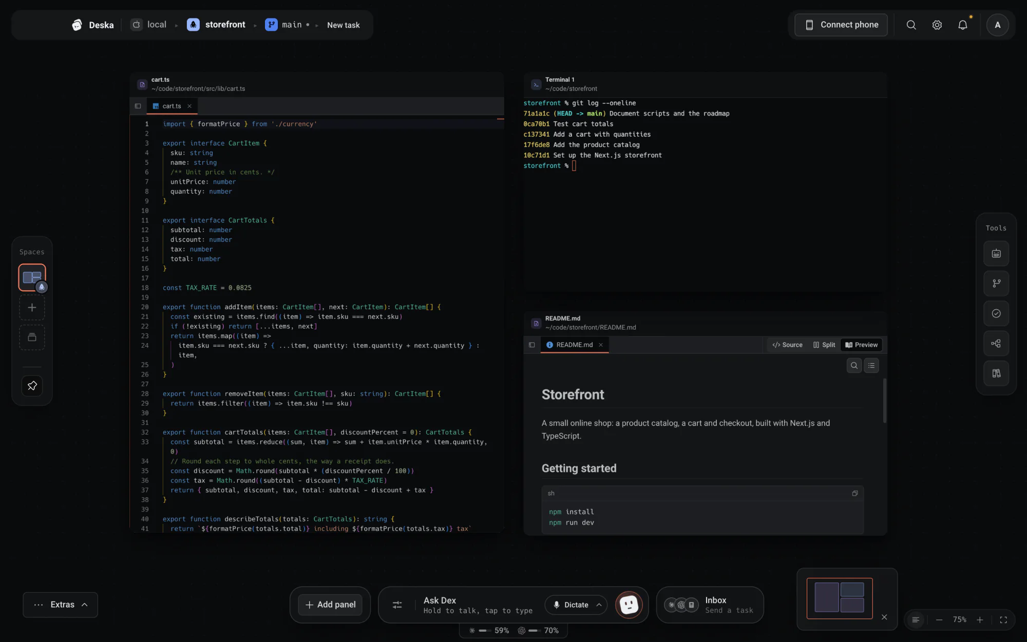 The Deska window: an editor, a terminal and a rendered README on the canvas, with the crumb at the top, rails on both sides and the bar at the bottom
