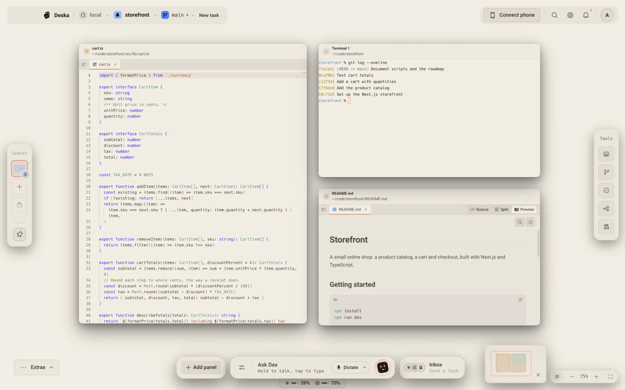 The Deska window: an editor, a terminal and a rendered README on the canvas, with the crumb at the top, rails on both sides and the bar at the bottom