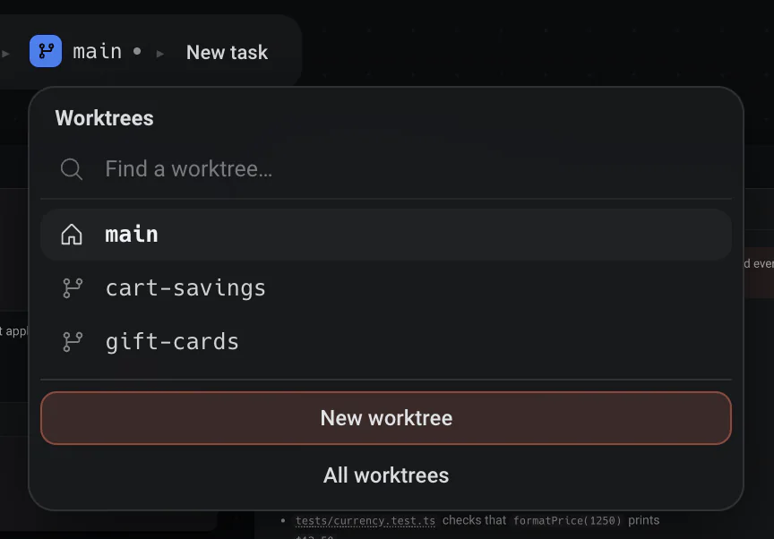 The worktree switcher under the branch crumb: main first, then each worktree, with New worktree and All worktrees