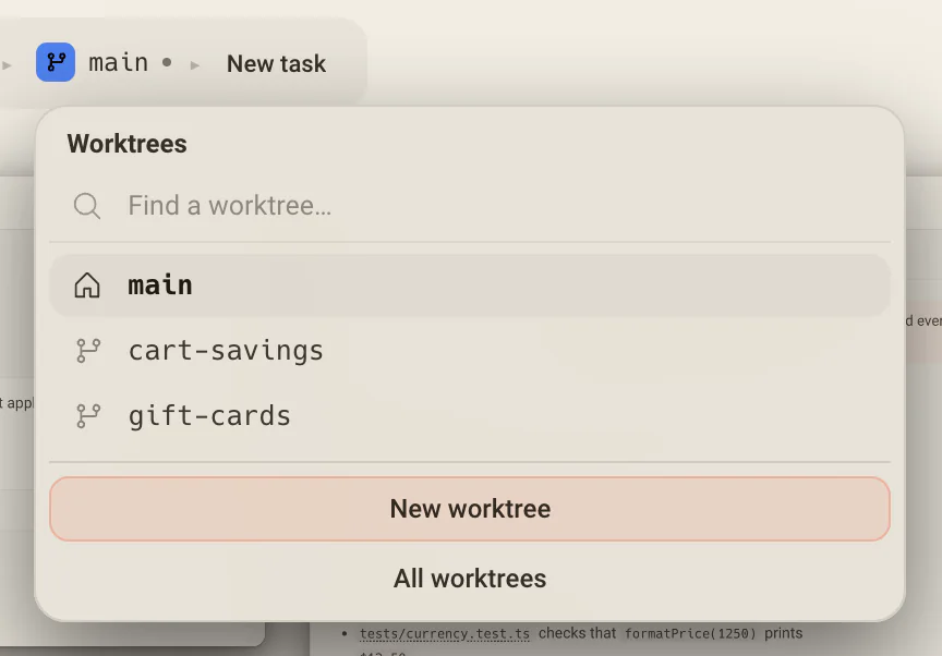 The worktree switcher under the branch crumb: main first, then each worktree, with New worktree and All worktrees