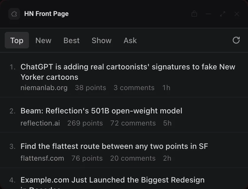 HN Front Page on a Deska canvas