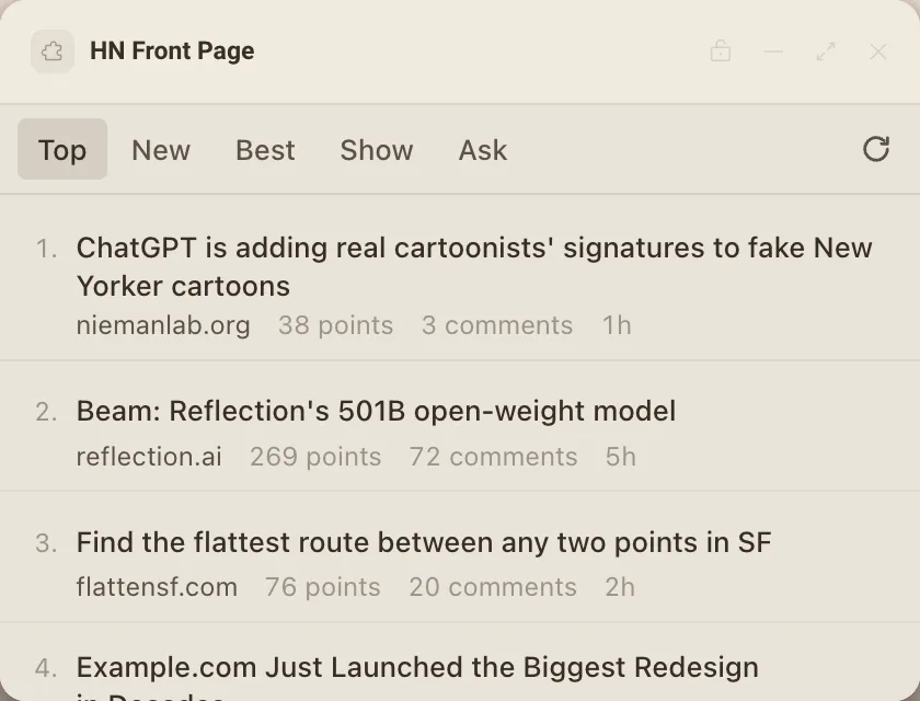 HN Front Page on a Deska canvas